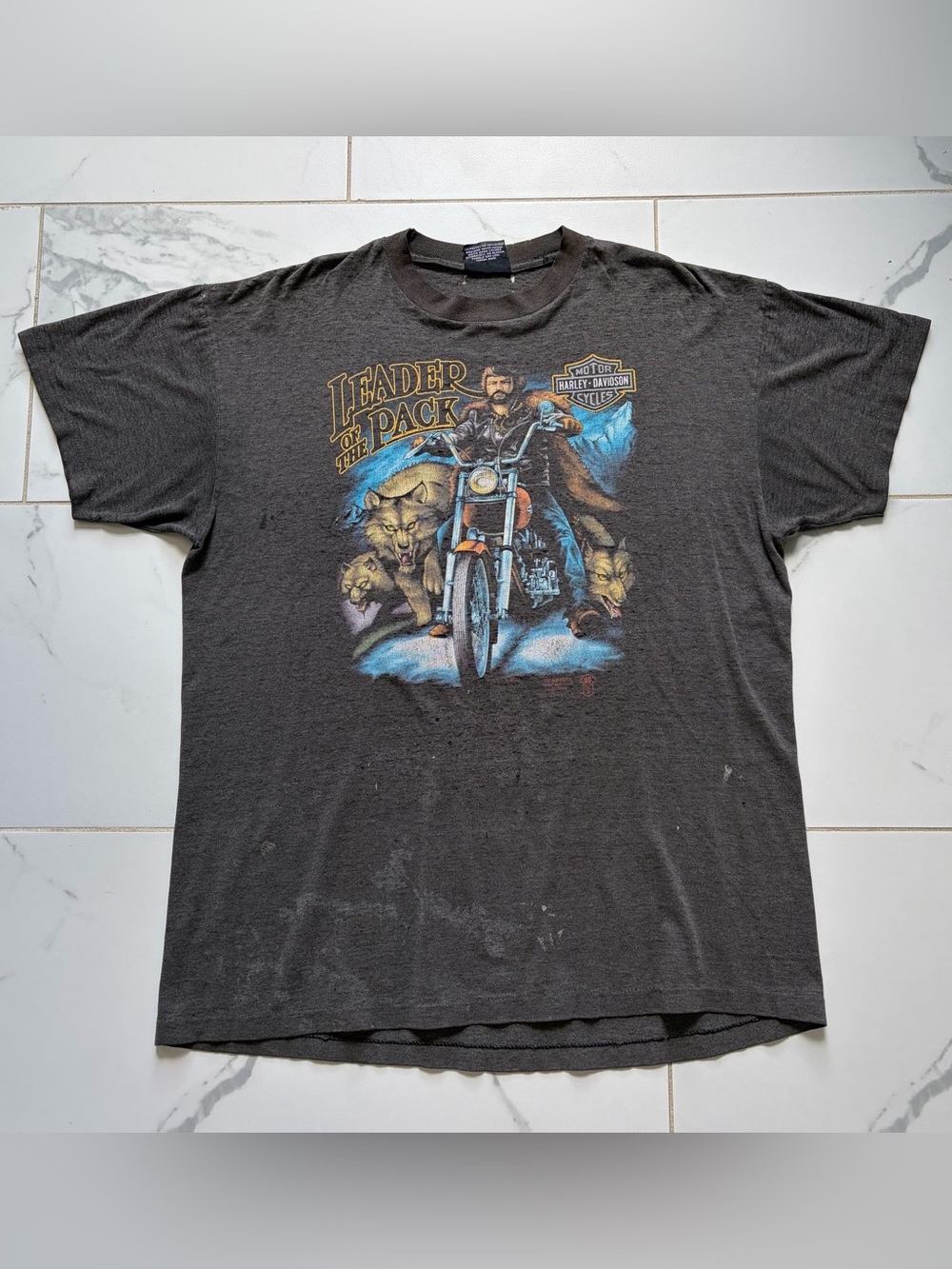 Vintage 1988 Harley Davidson Leader of the Pack 3D Emblem T Shirt Tee XL Faded